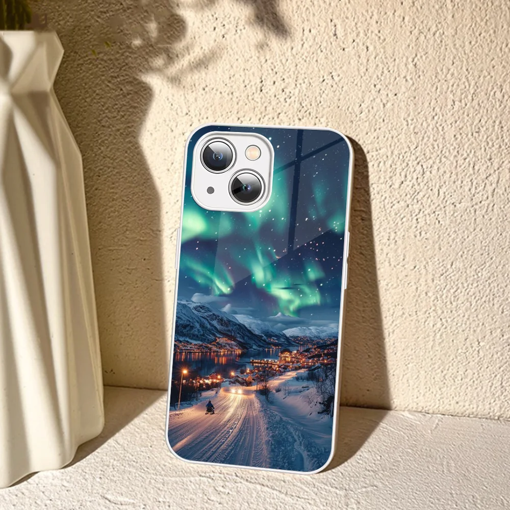 Beautiful Northern Lights Phone Case Tempered Glass For Iphone 14 13 12 11 Pro Mini XS MAX 14Plus X XS XR Cover