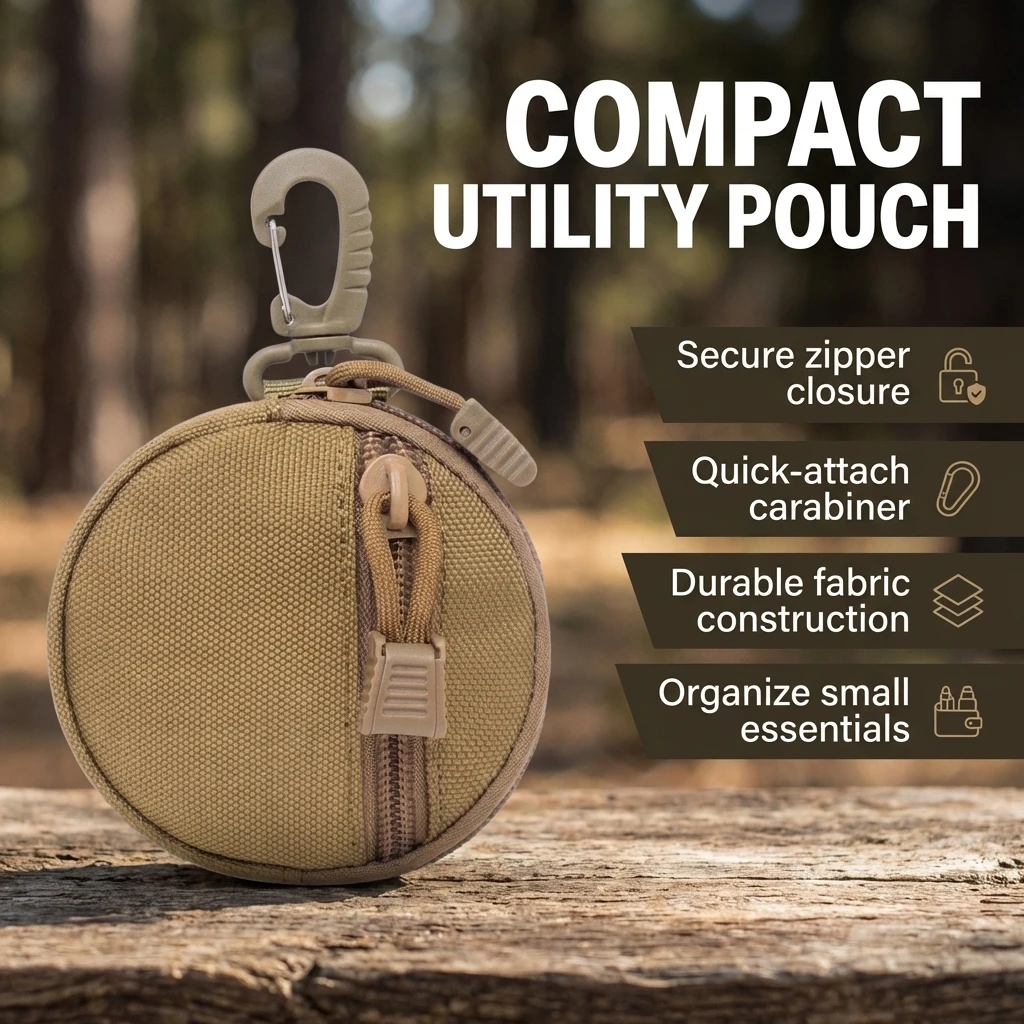 

1000D Tactical Mini Round MOLLE EDC Pouch Zipper Utility Bag with Carabiner Clip for Earbuds Keys Coins and Outdoor Use
