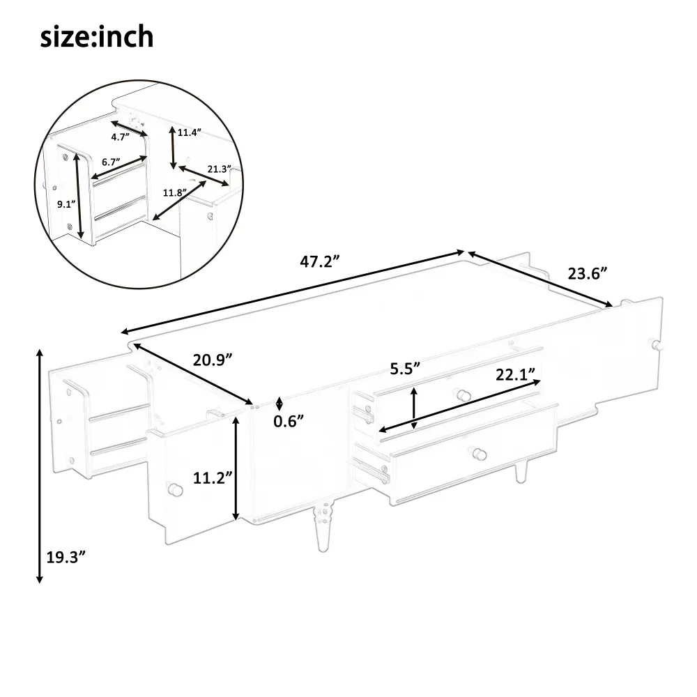 Rectangle Coffee Table with Four Drawers,Two Side Hidden Storage Compartments,Metal Handles，Four Solid Wood Legs, Coffee Table