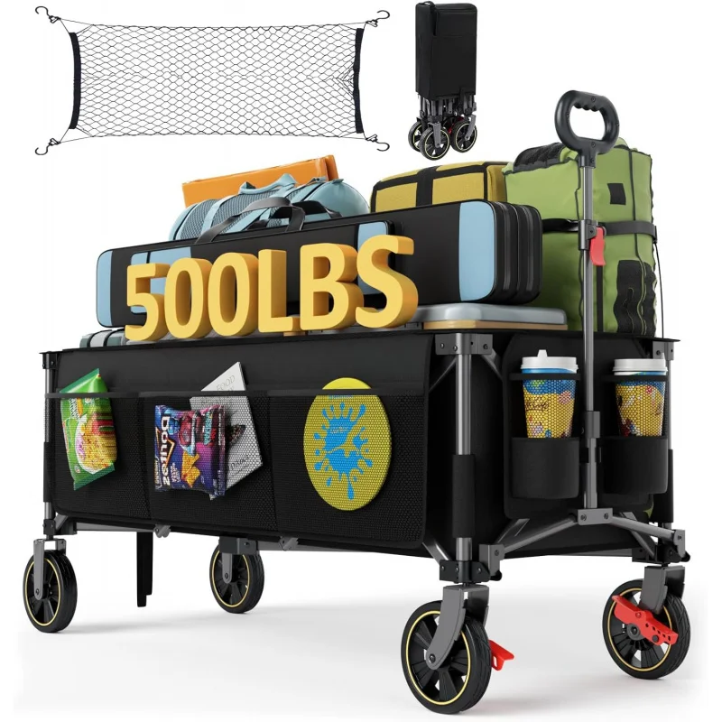 

51.2 Inch Foldable Wagon Cart with Brakes Heavy Duty 500lbs Capacity Cargo Net Side Pocket Cup Holders for Grocery Camping
