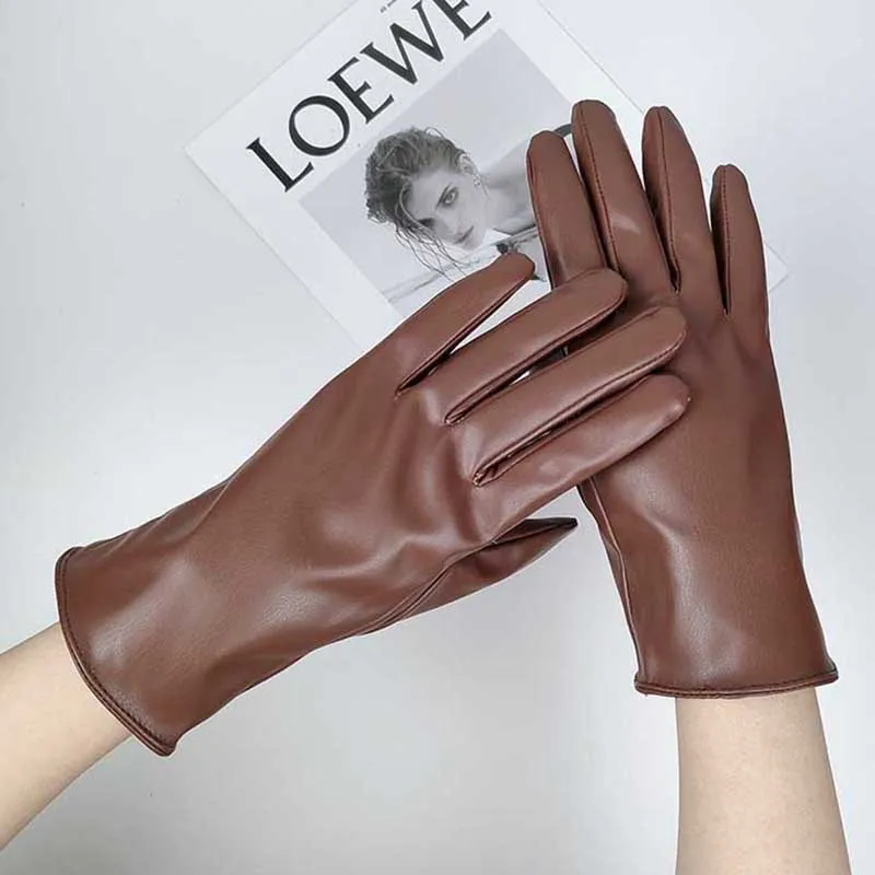 Winter Women PU Leather Plus Plush Thick Velvet Warm Driving Waterproof Glove Female Solid Sport Cycling Windproof Mitten O86