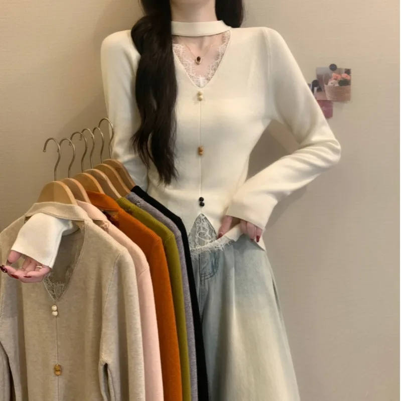 

Women's Lace Splice Hollow out Knitted Sweater Long Sve V-Ne Pullover Autumn Winter New Sle Commute Pure Want Trend