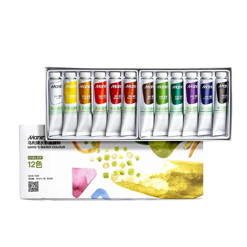 Marie's Watercolor Paint Set Available in 12/18/24/36 Colors, 12ml Per Tube, Soluble Easily, Bright Pigment for Beginners