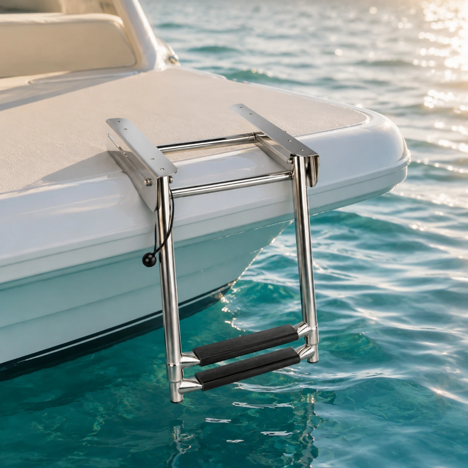 Stainless Steel Two-Step Boat Ladder Space Saving Folding Boat Ladder with Pull Cord Compact Polished for Watercraft Access