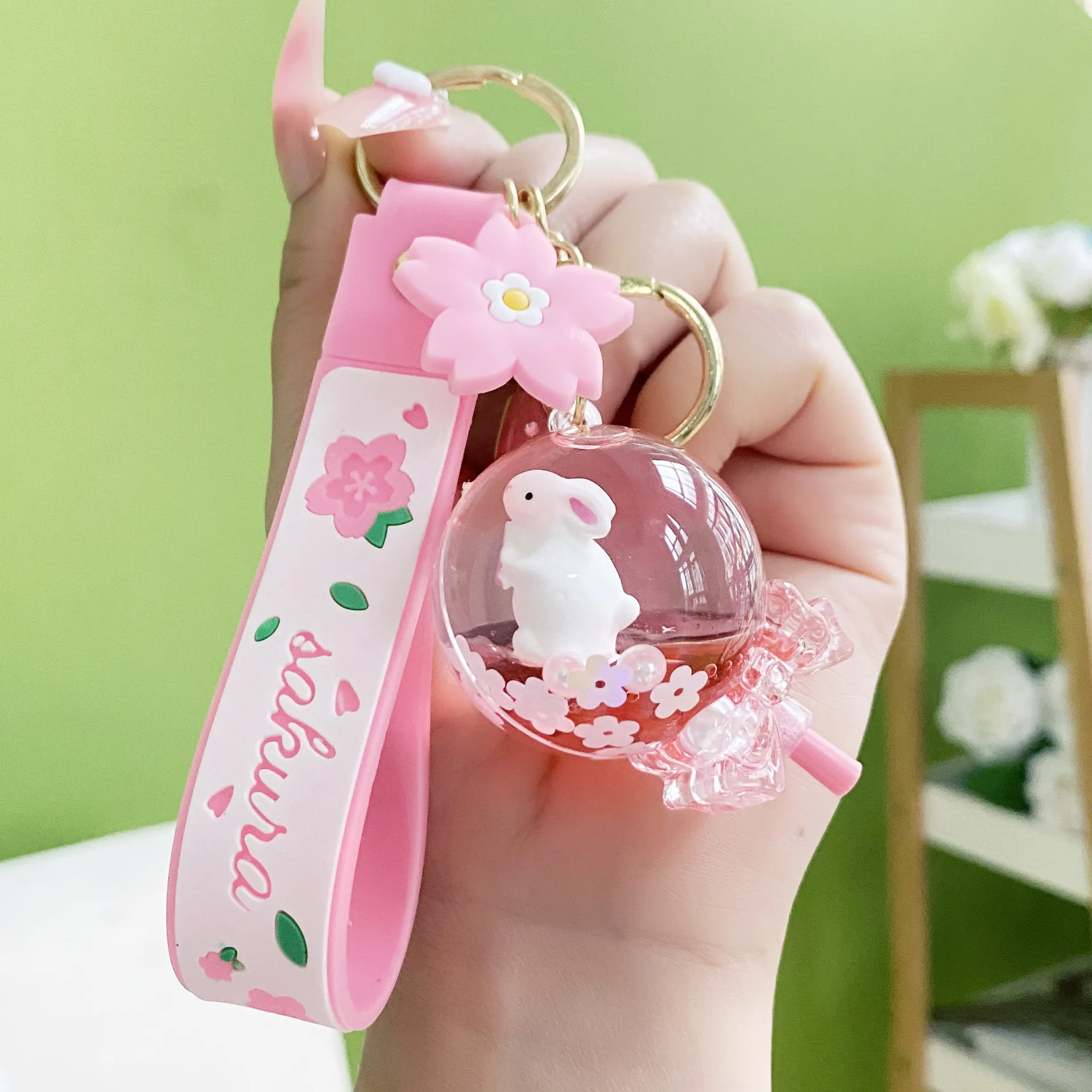 Cartoon Oil Floating Flower Rabbit Bubble Tea Cup Liquid Key Chain Cute Lollipop Quicksand Bottle Pearl Bunny Animal Keychain