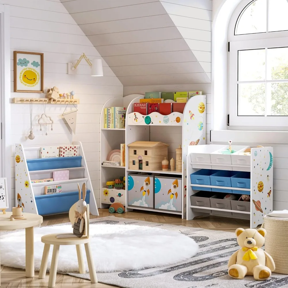 Organizer per riporre giocattoli e libri per bambini con 2 scatole, per sala giochi, camera da letto, soggiorno, bianco