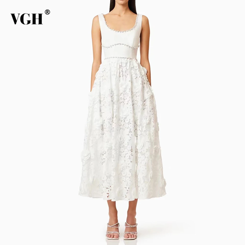 

VGH Solid Temperament Midi Dresses for Women Square Collar Sleeveless High Waist Patchwork Appliques A Line Dress Female Summer