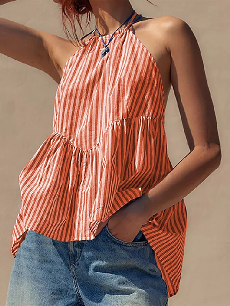 Sexy Stripe Halter Vest Women 2024 Summer Sexy Lace Up Backless Sleeveless Female Shirt Casual Loose All-match Holiday Beachwear