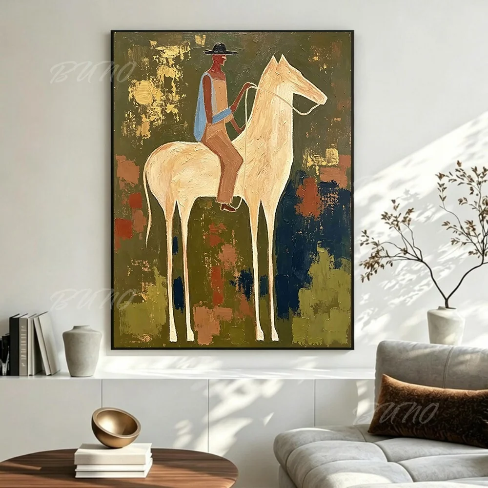 100% Hand-painted Abstract Oil Painting Original Boho Earth Tone Horse Canvas Wall Art for Home Living Room Bedroom Decor