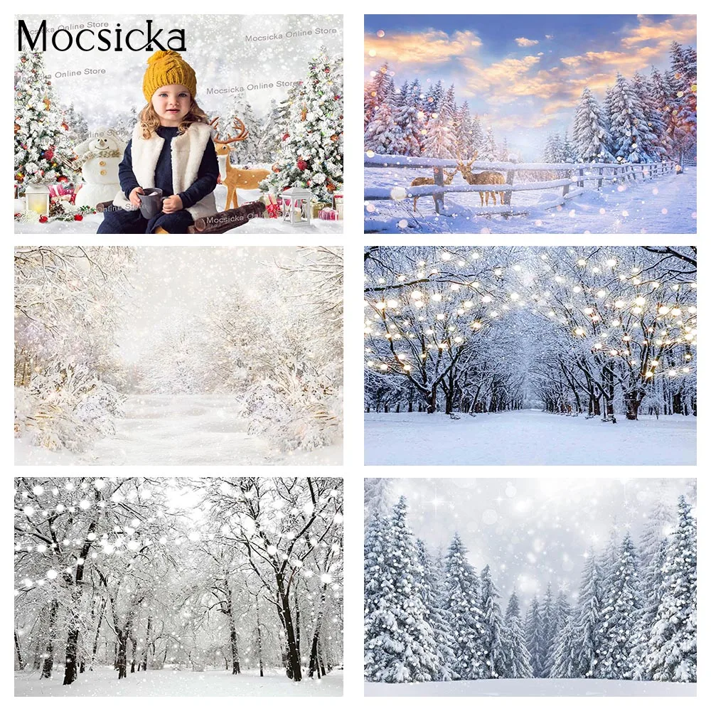 Christmas Frozen Forest Portrait Photo Backdrop Snowy Trees Birthday Background Winter Landscape Festival Party Photography Prop