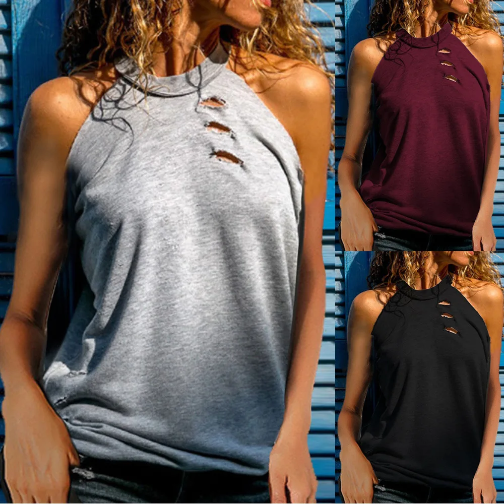 Summer Sexy Hollow Neck Round Neck Vest Solid Color Sleeveless T-shirt Women's Short Sleeves