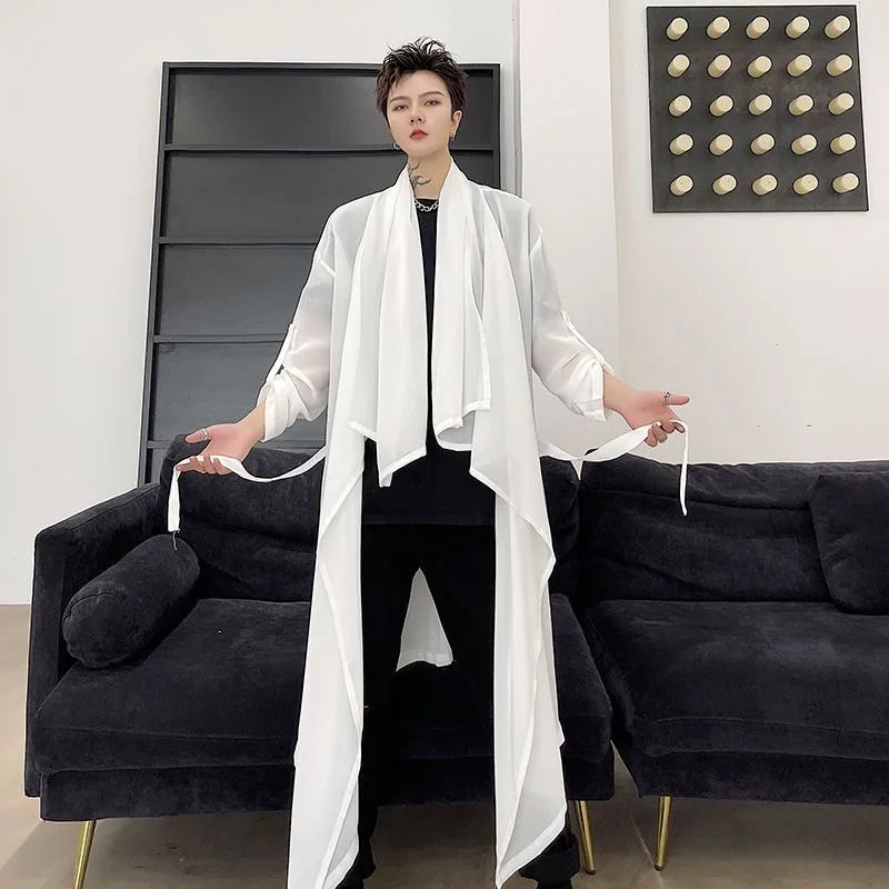 Men Senior Unisex Long Thin Shirt Blouse Male Gentlemen Dress Up Festival Party Dinner Banquet Top Outwear Outerwear Open Stitch