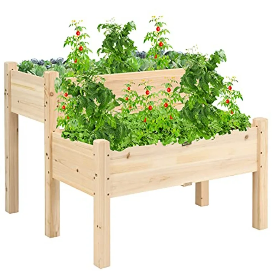 2-Tier Raised Garden Bed, Sturdy Fir Wood Elevated Planter