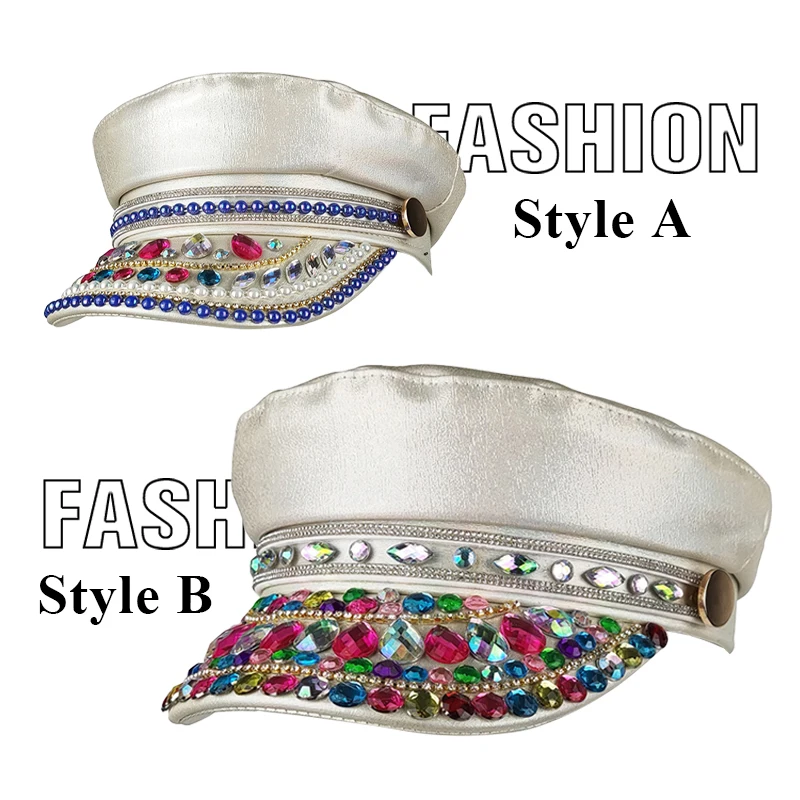 New Fashion Illusion Color Inlaid Diamond Flat Top Beret Music Festival Carnival Travel Personality Ladies Decorative Cap