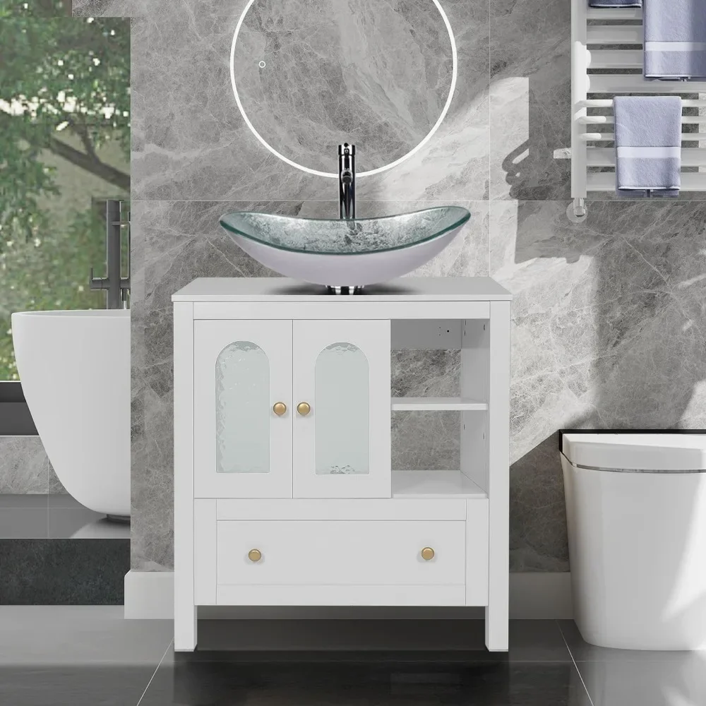 Bathroom Vanity, Stylish White Bathroom Vanity with The Drawer and Water Ripple Design Door, Modern Bathroom Cabinet