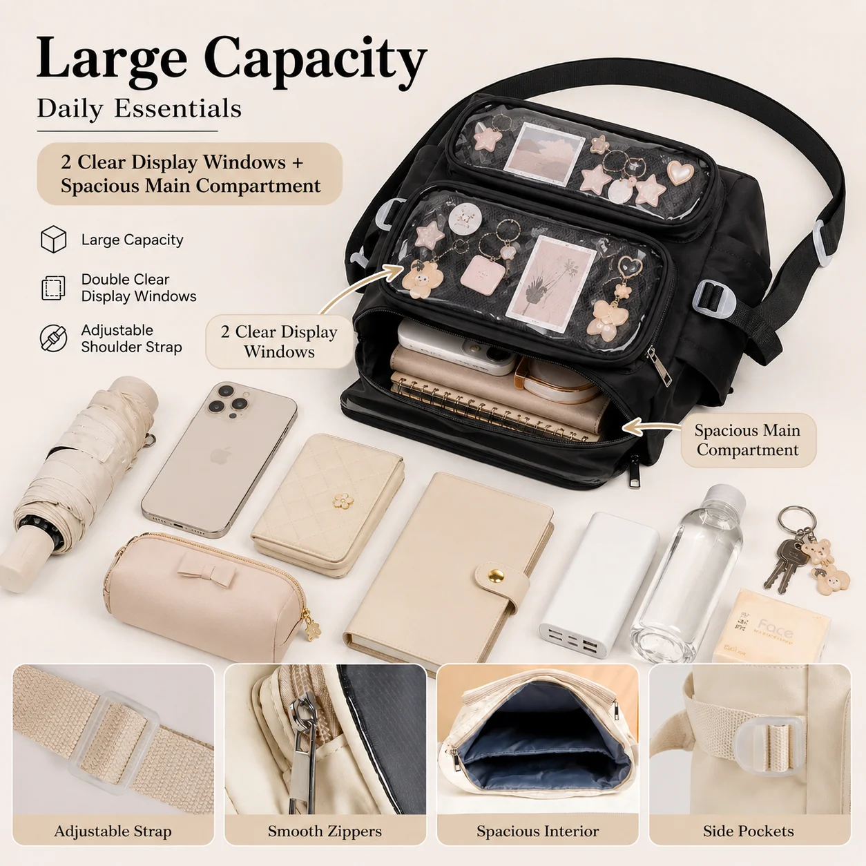 Anime Ita Bag Transparent Window Display Bag Badge Holder Plush Keychain Collectible Travel Concert Crossbody Shoulder Bag