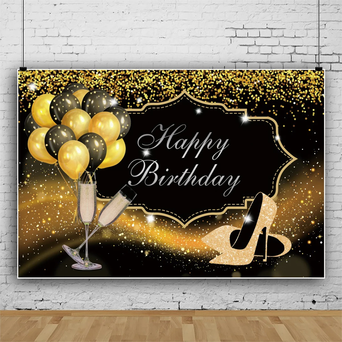 Bajeczne urodziny kobiet wysoki obcas fotografia tło złote kropki balony wystrój rodzina strona portret Photocall tło