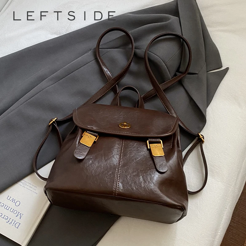 

LEFTSIDE Women Small Pu Leather Backpacks 2025 New Korean Fashion Vintage Luxury Backpack Student School Bag Back Packs