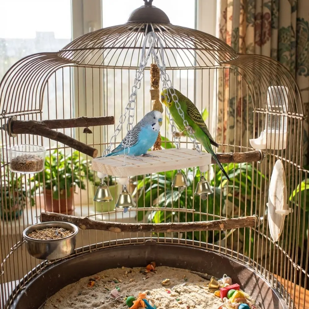 

Bird Perch Stand Wooden Parrot Swing Wear-Resistant with Hook Parrot Cage Hut with Bells Bird Cage Standing Pet Exercise