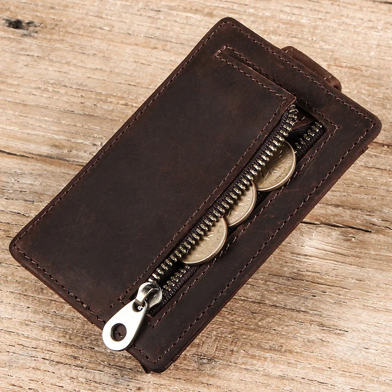 Crazy Horse Leather Business Card Case with Automatic Bank Card Protection Zipper Lockable Clasp Aluminum Alloy Coin Purse