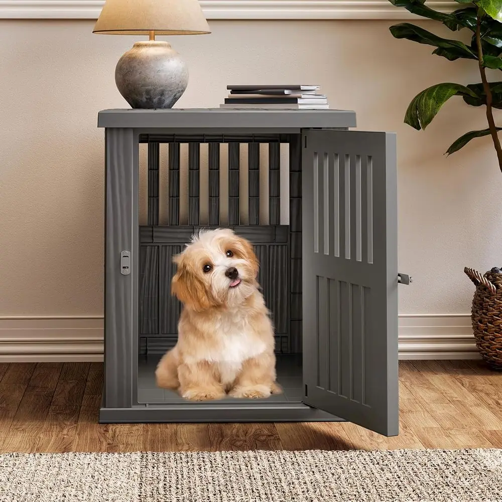 

30 Heavy-Duty Lockable Dog Crate - Indoor/Outdoor Kennel & End Table for Small/Medium Dogs, Grey Plastic Pet Cage