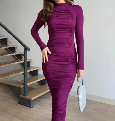 

Womens Dresses 2025 Spring New Solid Color Elegant and Sexy Mock Neck Long Sleeve Casual Slim Fit Ruched A-Line Long Dress