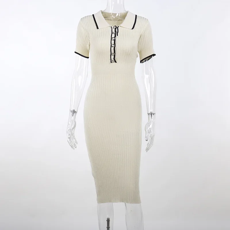 Women Sexy Polo Collar Knitted Bodycon Dress Elegant Short Sleeve High Wasit Midi Dresses Office Lady Casual Ribbed Spring Dress