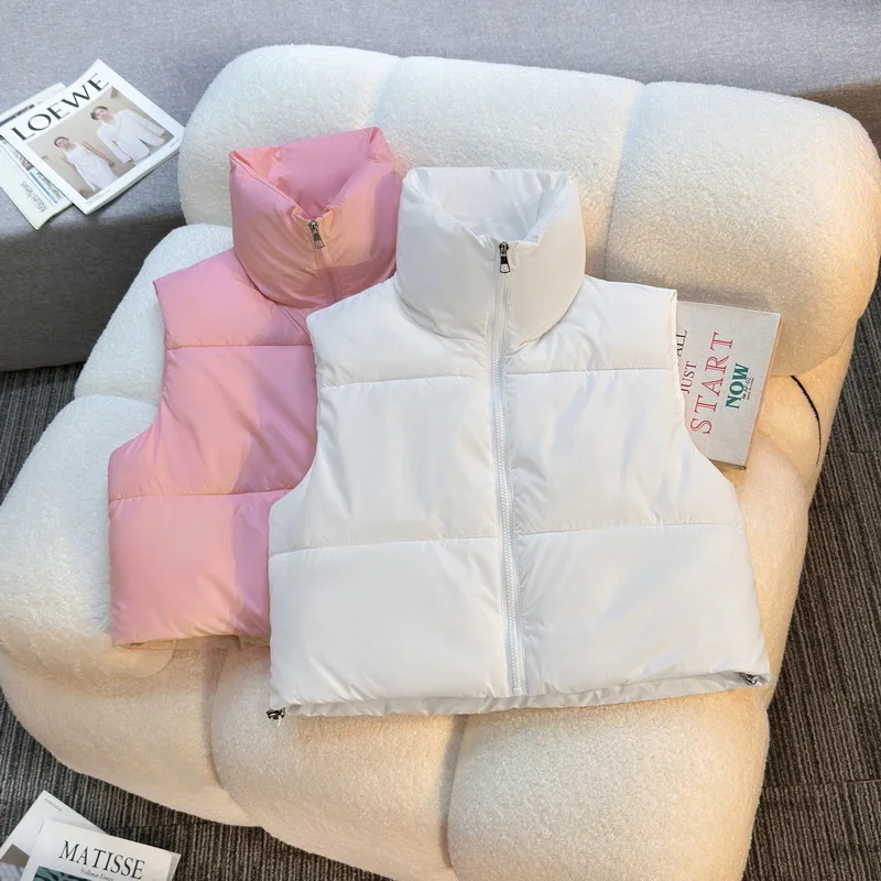 

Slouchy-Style Women's Winter Cotton Vest Stand Collar Solid Color Zipper Lady's Padded Coat Casual Sleeveless Coat For Female
