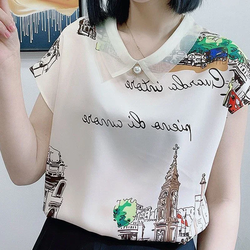Women's T-shirt Summer Short Sleeve Blouse Turn-down Collar V-Neck Diamonds Letter Building Printing Stylish Elegant Tops