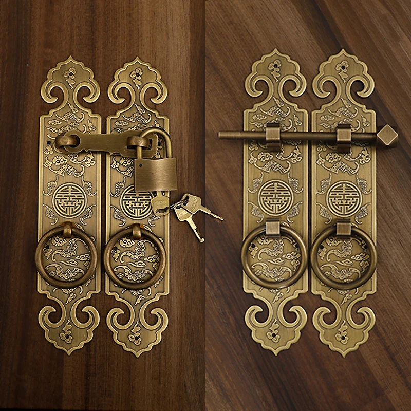 Chinese Style Main Door Handle Pure Copper Bat Carved Thickened Wooden Door Straight Handle Door Buckle Lock Bolt Pull Ring