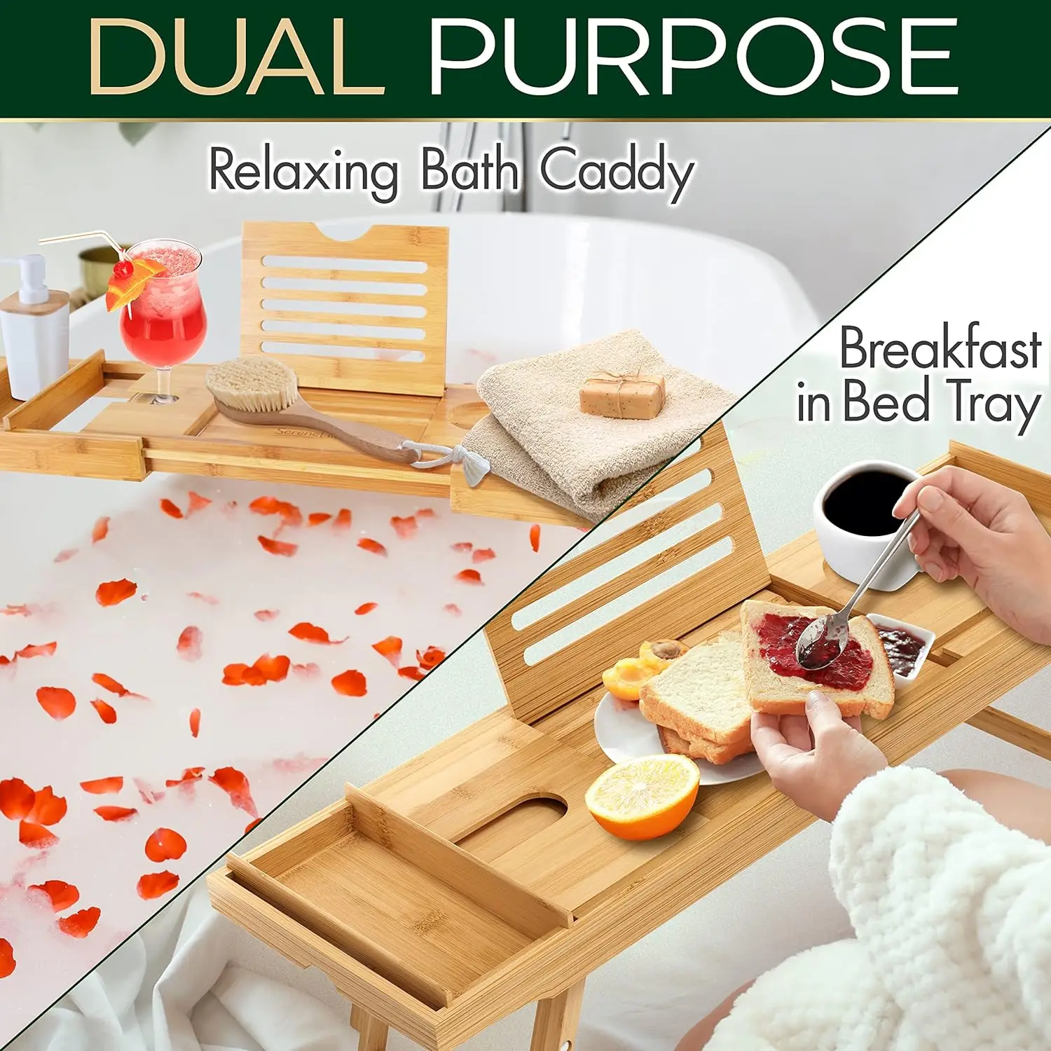 Bath Caddy Breakfast Tray Combo - Natural Bamboo Wood Waterproof Tub and Bed with Folding Slide-Out Arms Device