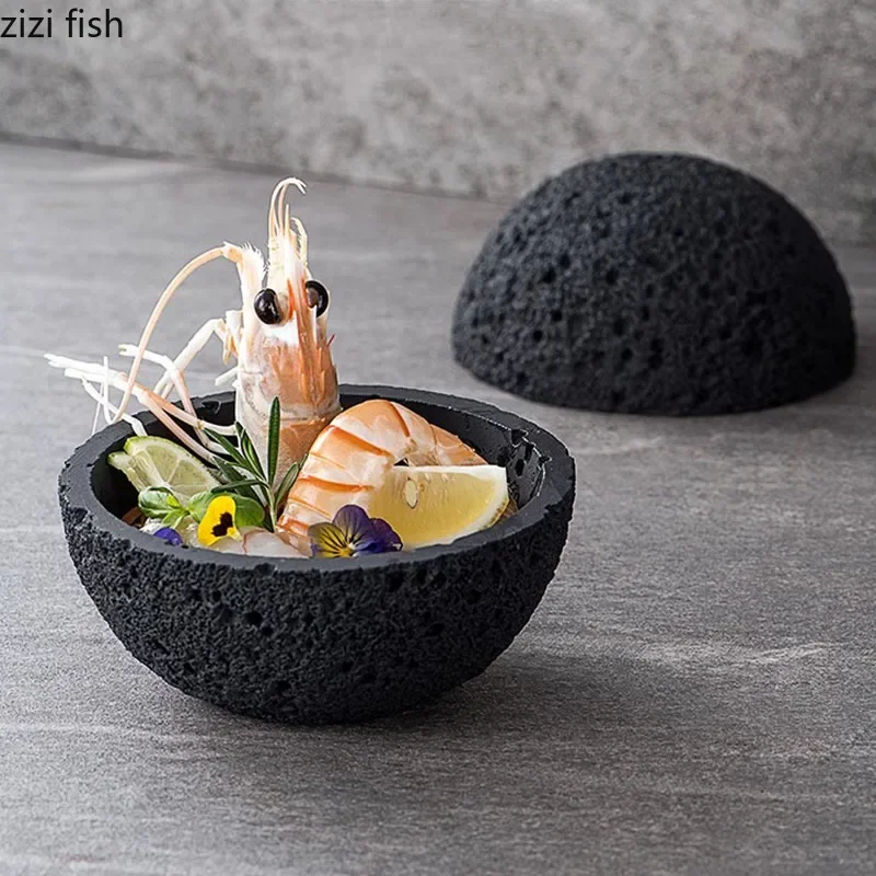 Creative Meteorite Texture Ceramic Bowl with Lid Dessert Snack Bowl Sushi Bowl Dry Ice Bowls Restaurant Specialty Tableware