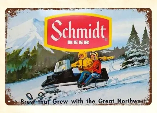 living room wall  SCHMIDT BEER SNOWMOBILE SNOWY MOUNTAIN metal tin sign