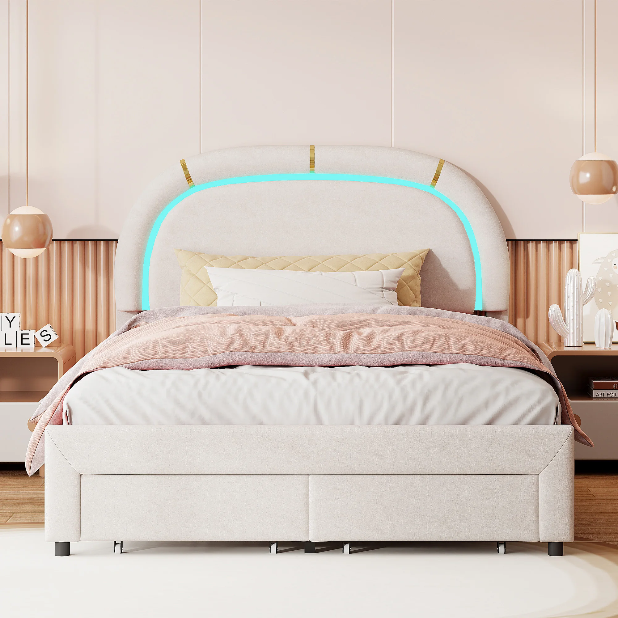 140x200cm Modern Princess Bed, Double Bed Frame with 2 Underbed Drawers, Bed with Metal Mattress Base and Wooden Slats Frame