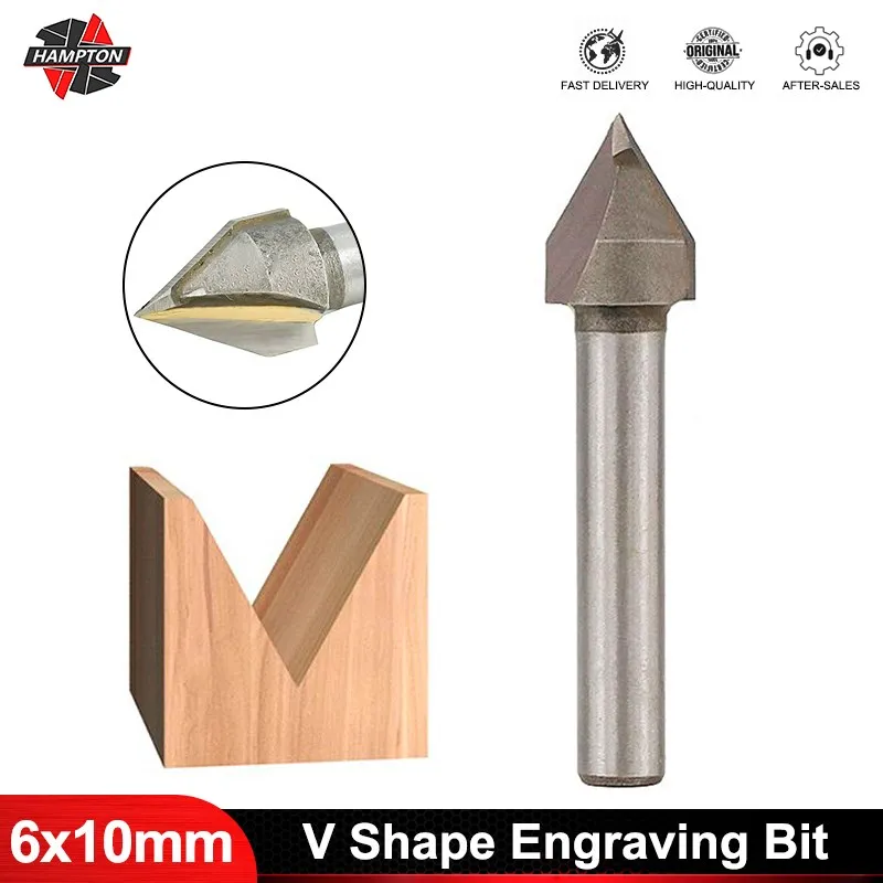 HAMPTON V Slot Milling Cutter 6mm Shank 10mm Diameter 60 Degree Wood Router Bit Carbide End Mill for Woodworking