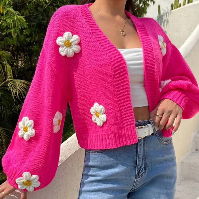 ZXRYXGS 2024 Autumn Sweet Three-dimensional Flower Sweater Jacket Women's Clothing Loose Short Knitted Cardigan Jackets Tide