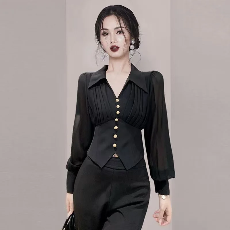 

Luxury Black White Solid color Plain Shirts Women Button V neck Elegant Long sleeve Top Fashion Turn-down collar Basic Blouse
