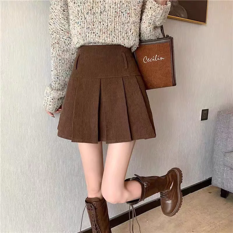 

Retro Corduroy f-length Skirt High-waist Pleated Slimming ort Skirt for Women Spring Autumn Winter New Design Ci Commute