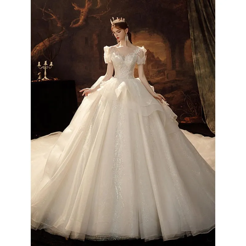 Robe de mariée A-ligne à paillettes de luxe, magnifique robe de mariée à col rond, tenue de soirée de princesse avec perles magnifiques