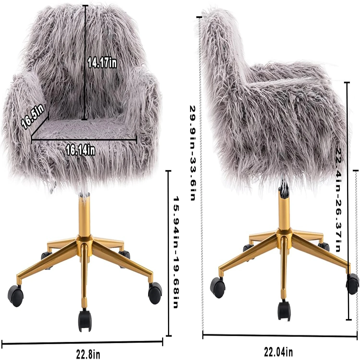 

Faux Fur Vanity Chair, Grey Arm Chrome Base Office Compact Padded Seat, Upholstered Decorative Ottoman Desk Chairs for Teens Gi