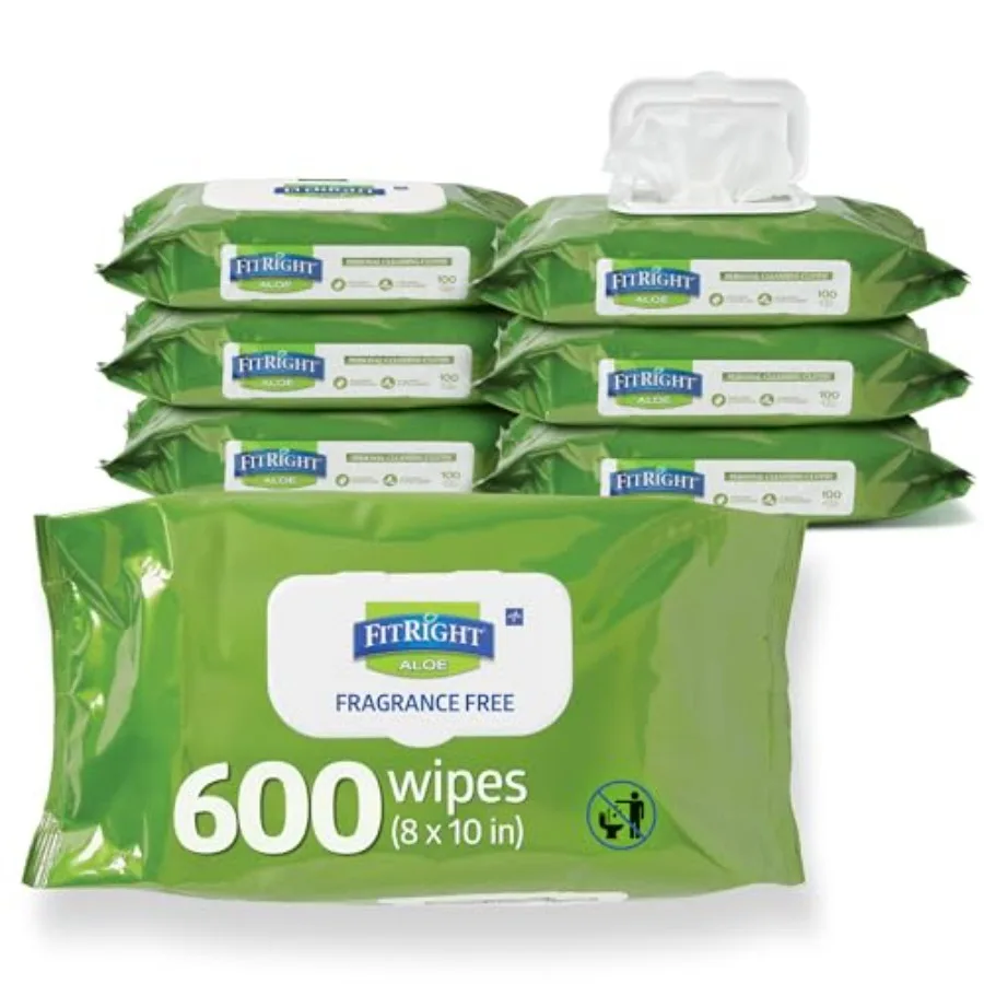 

FitRight Personal Cleansing Wipes with Aloe 8x10 inch 600 Pieces Moisturizing Body Wipes for Adults Bathing and Incontinence Cl