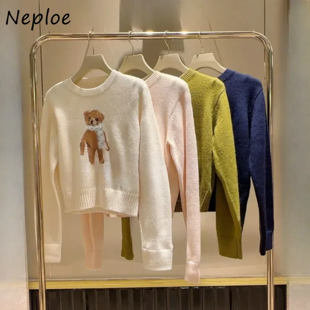 Neploe Casual O Neck Print Bear Short Pull Femme Knit New Elegant All-match Preppy Style Tops Japan Simple Soft Harajuku Mujer