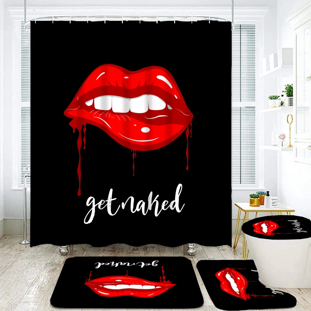 Get Naked Pattern Bathroom Curtain Set Sexy Red lips Print Shower Curtains Bath Mats Pedestal Rugs Toilet Cover Non-slip Carpet