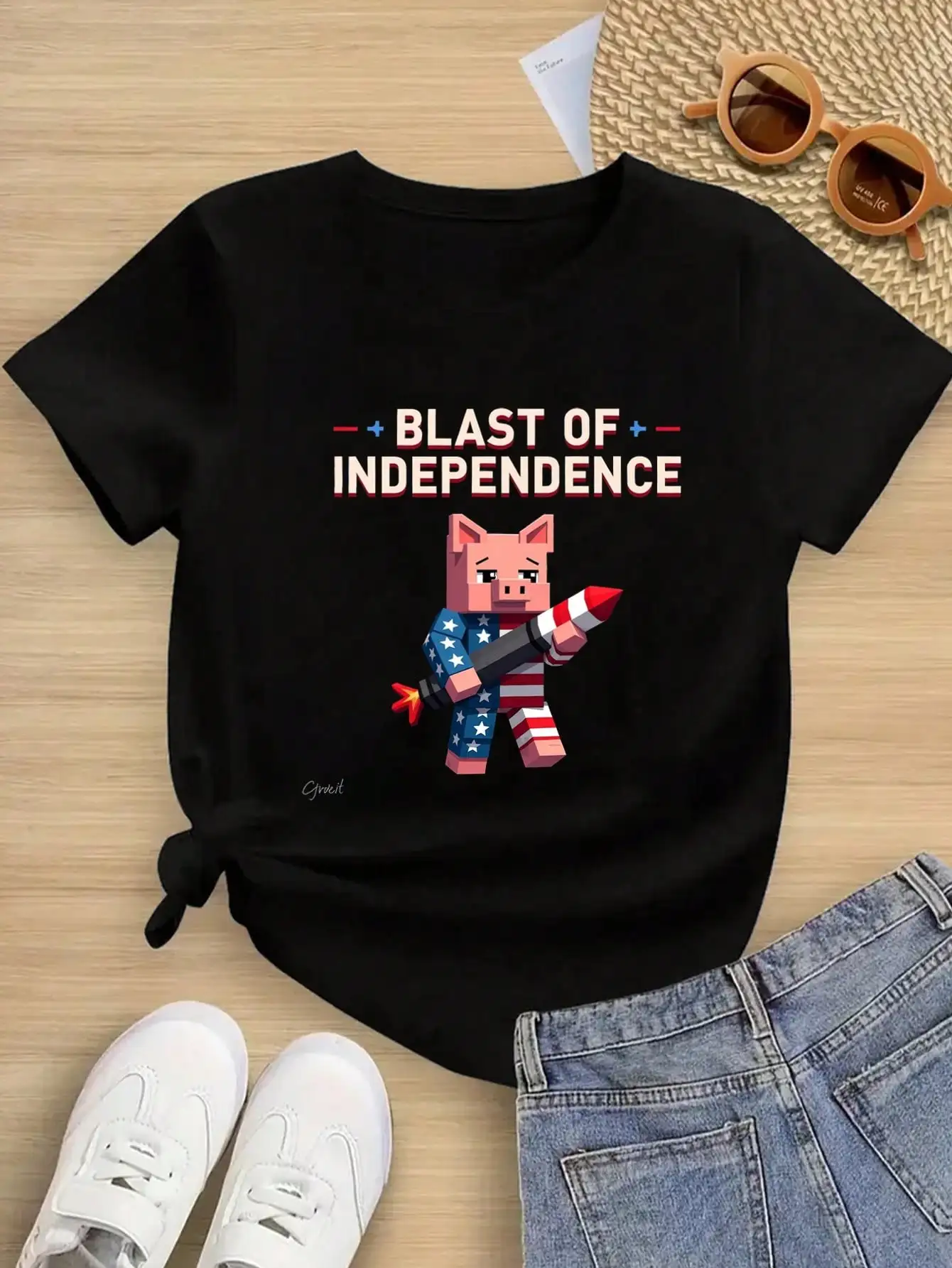

Tween Girls/Boys Clothes, Independence Day Cotton T-Shirt, Black Casual With Pixelated Cat Wearing American Flag And Rocket