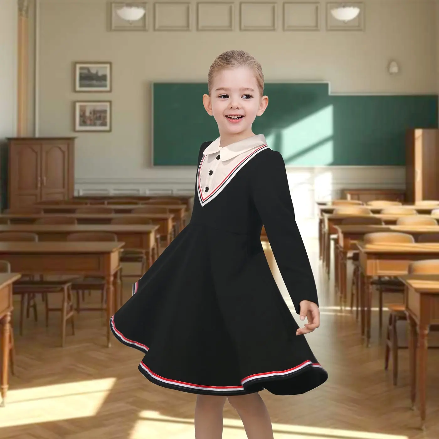 Girls Dress Long Sleeve Black A Line White Collar Button Front School Formal Daily Recital