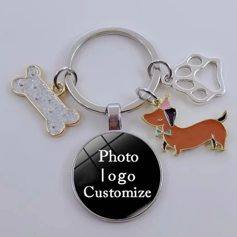 I love dachshund keychain cute animal cartoon dog keychain DIY dog glass convex key ring gift ladies men jewelry