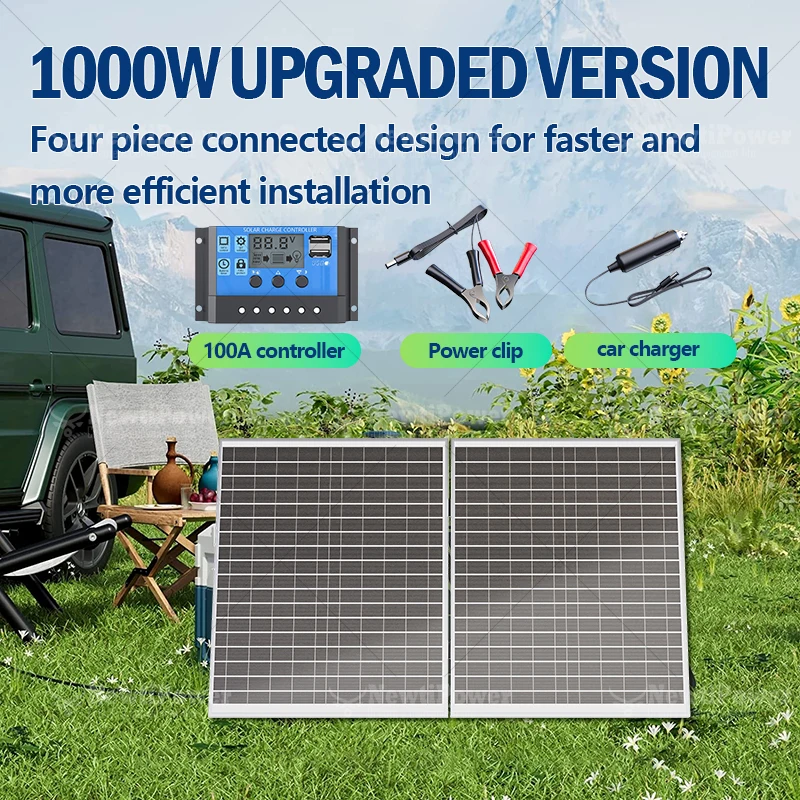 1000W Upgraded Solar Panel Kit, Foldable 4-Piece Design With 100A Controller, Power Clips And Car Charger, For Rv, Camping