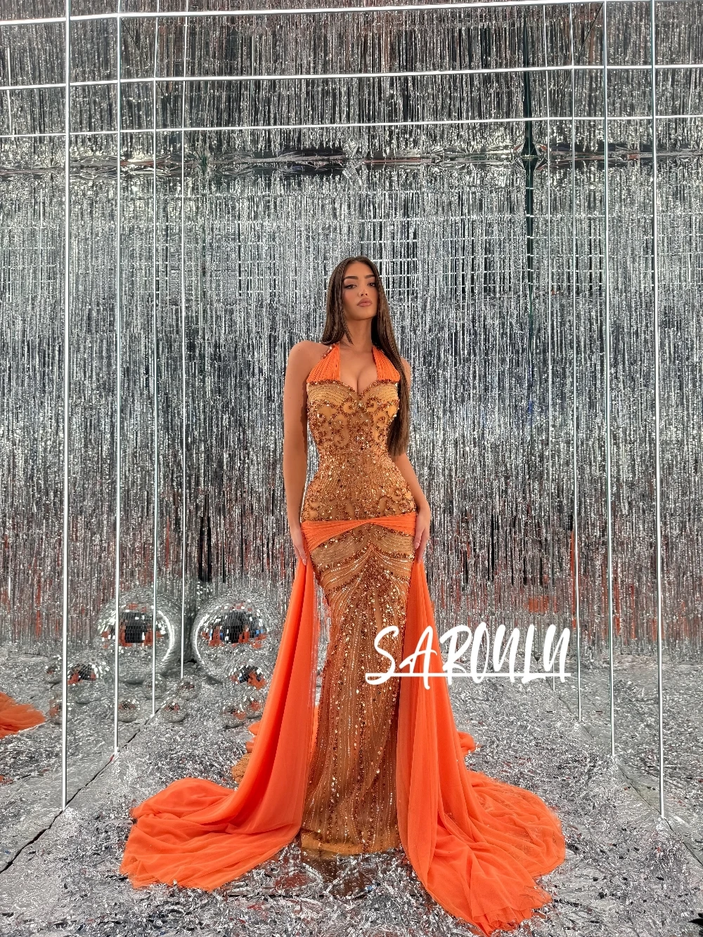 

Glamorous Orange Fitted Halter Prom Gown Dainty Beaded Sequined Shimmering Formal Evening Dress With Flowly Chiffon Train