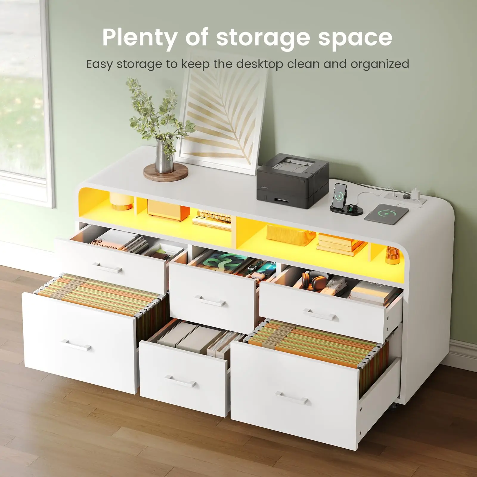 6 Drawers File Cabinet with Power Strip fits Legal/Letter/A4 Size