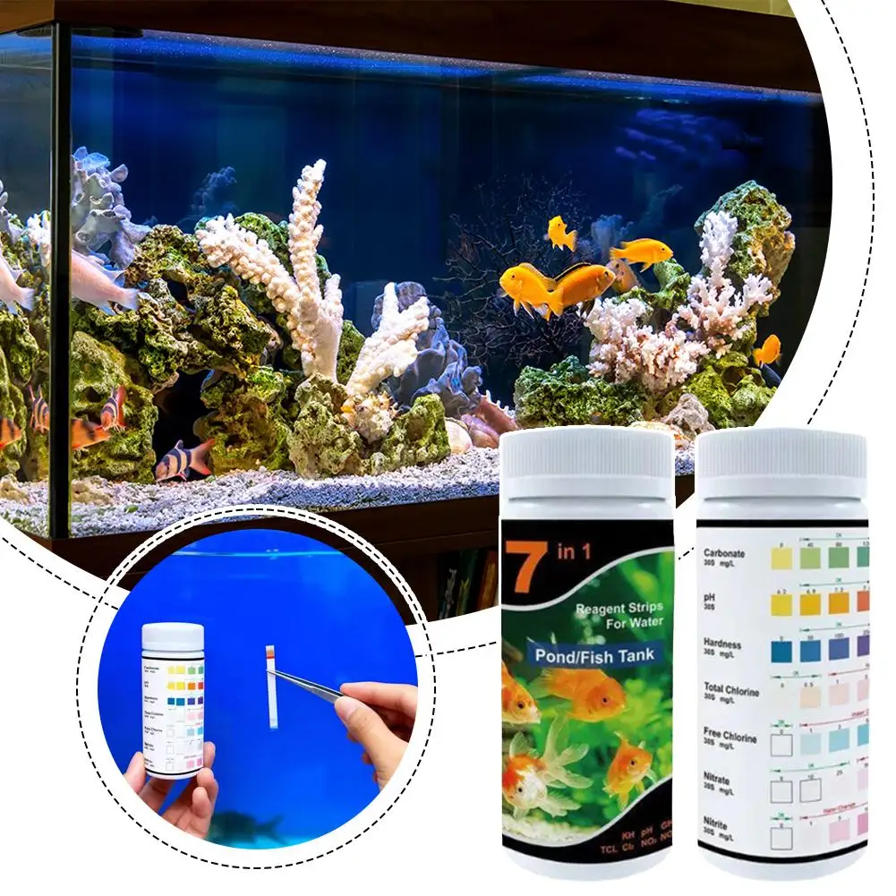 100 Strips PH Test Strips 7 in 1 Water Test Strips Aquarium Water Quality Kit Fish Tank Tests Strips Nitrate Tools Accessory